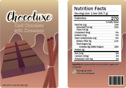 Brown Chocoluxe chocolate bar container featuring cinnamon sticks. The other side contains nutrition facts